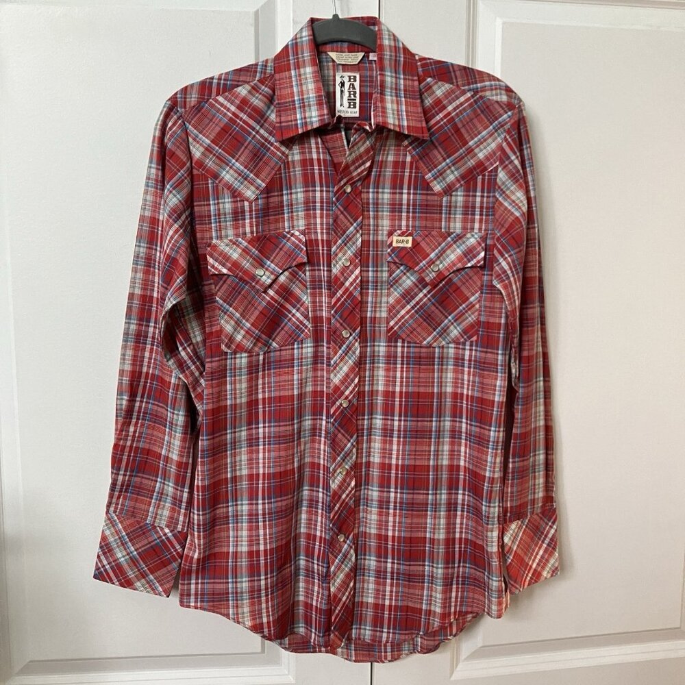 Vintage Bar B Pearl Snap Shirt Small Red Plaid Western Cowboy Permanent Press